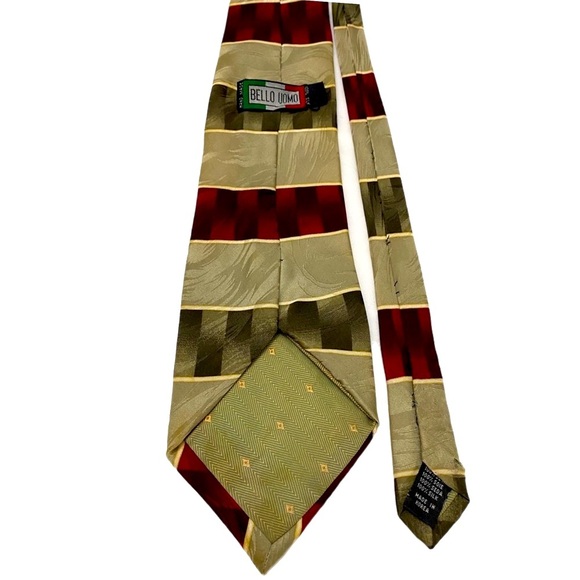 Bello Uomo Tie Italian Woven Silk Hand Made Tip Bar String Green Red 60”x3.75” - Picture 5 of 13